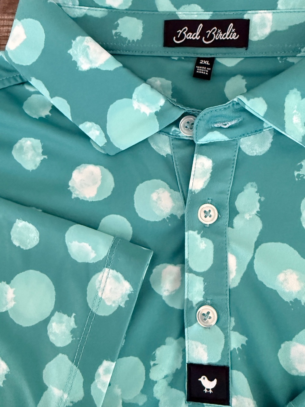 Bad Birdie Men’s “Waterboy” Teal and White Polka Dot Button-Down Shirt - XXL